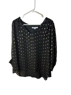 Cleo Black V-Neck Blouse with Gold Dot Accents Sheer size XL 3/4 length sleeve